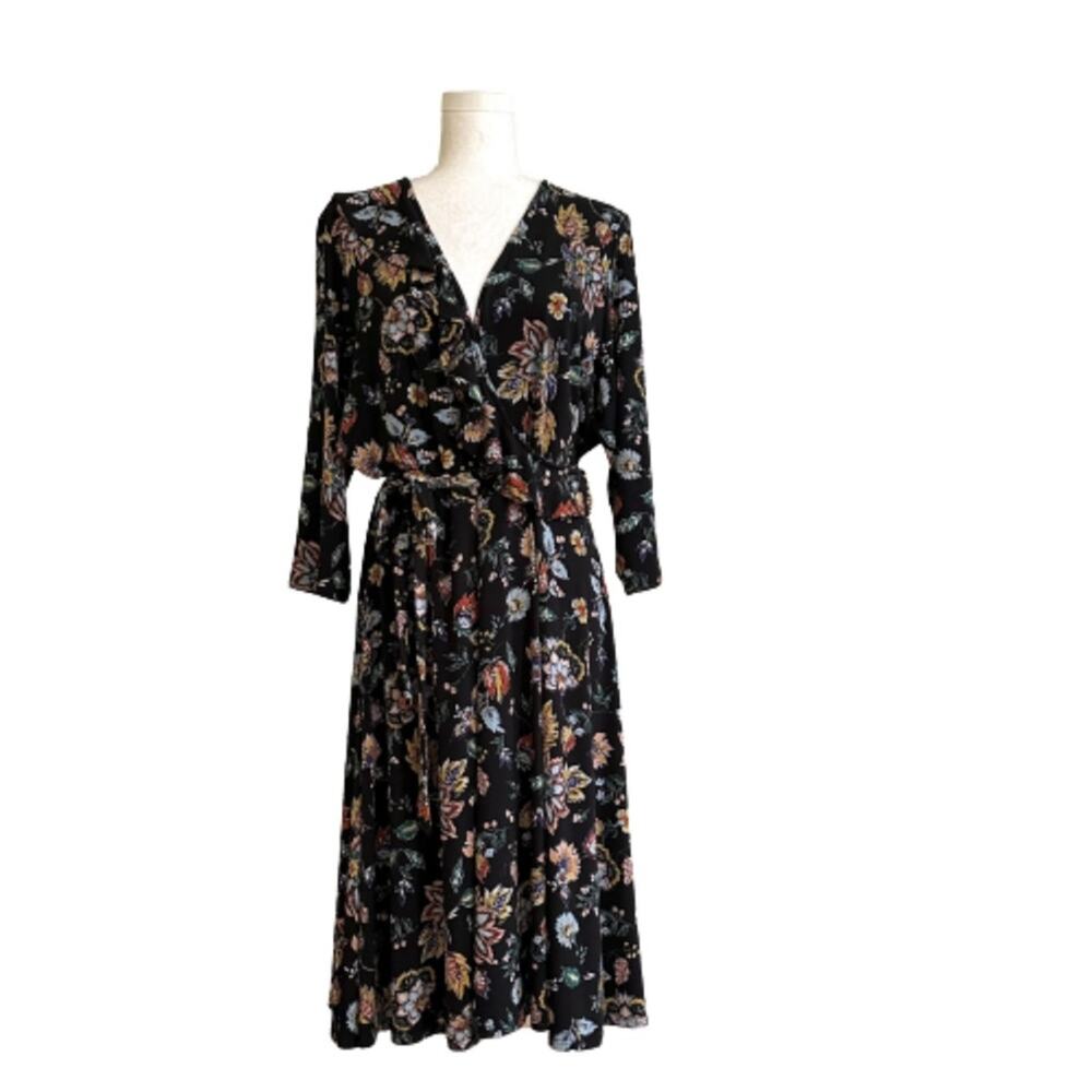 Leota Plus Dress Black Floral 3/4 Sleeve Faux Wrap Belted Midi Dress Size 2X